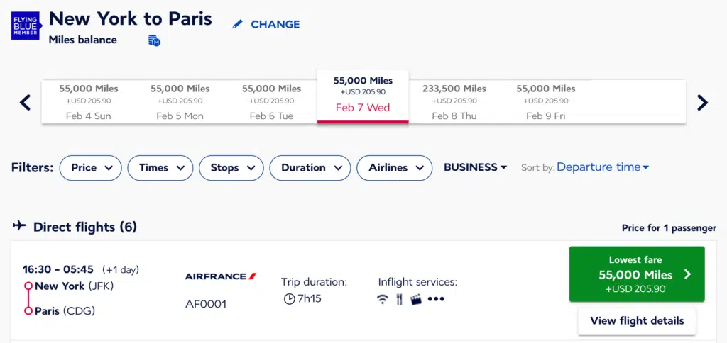 Example business class award search on Air France from New York to Paris in February 2024