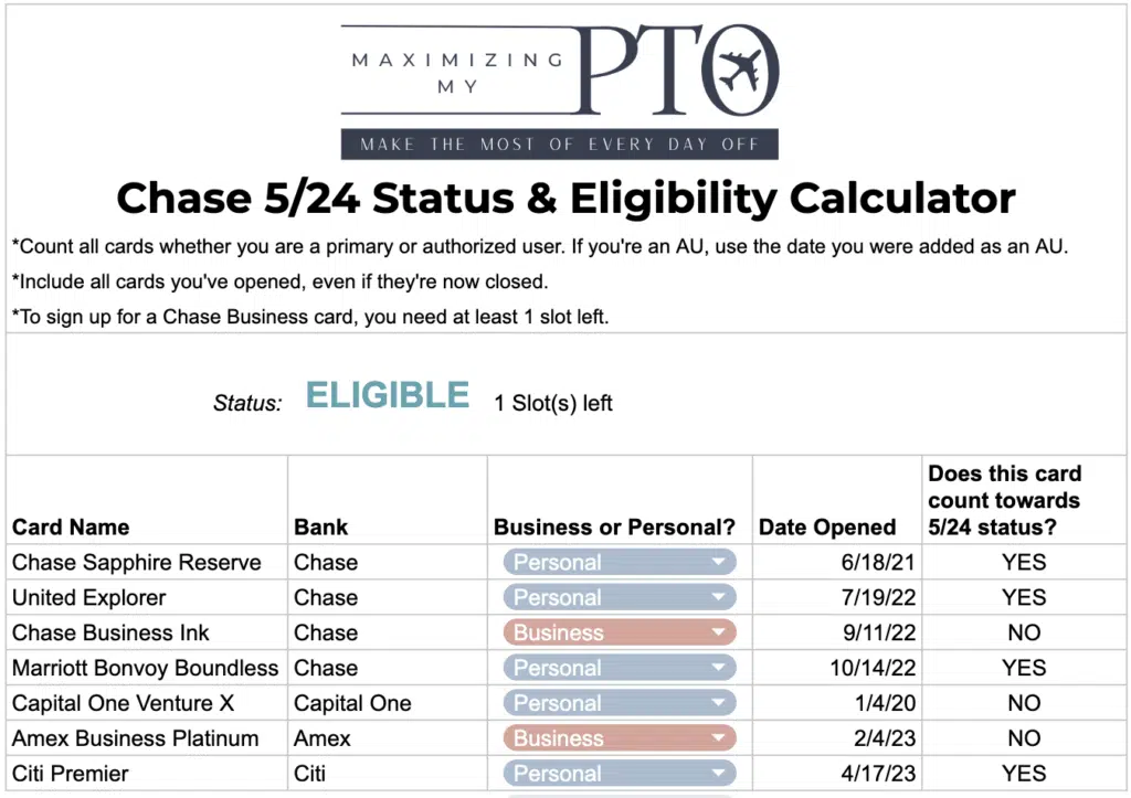 Chase 5/24 Status and eligibility calculator screenshot