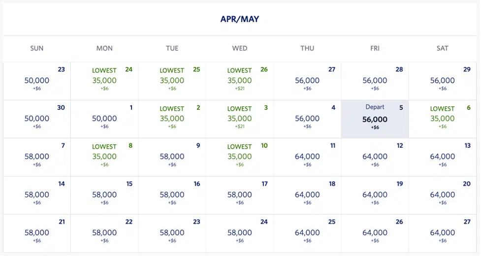 Delta award availability calendar example