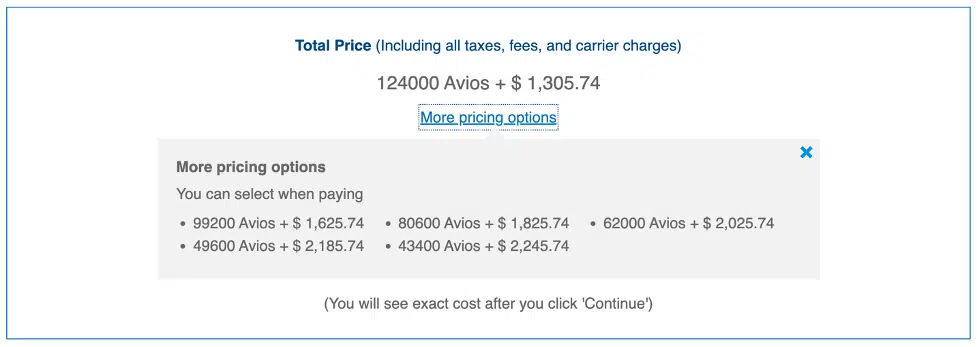 British Airways Avios + taxes and fees example