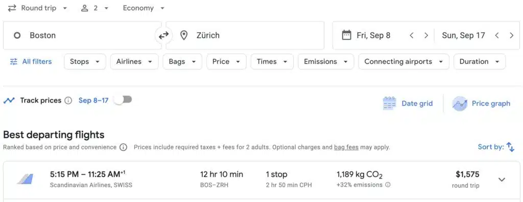 Example search of a flight from Boston to Zurich. If you don't live in Boston you could add a positioning flight to get there.