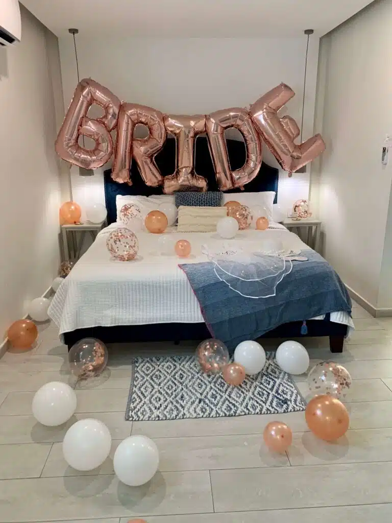 Bachelorette party decorated bedroom for the bride