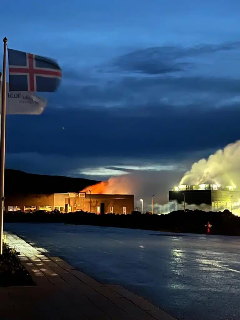 Geothermal plant and Icelandic flag at Blue Lagoon