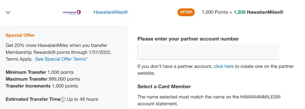 Screenshot of Amex portal showing a 20% transfer bonus to HawaiianMiles