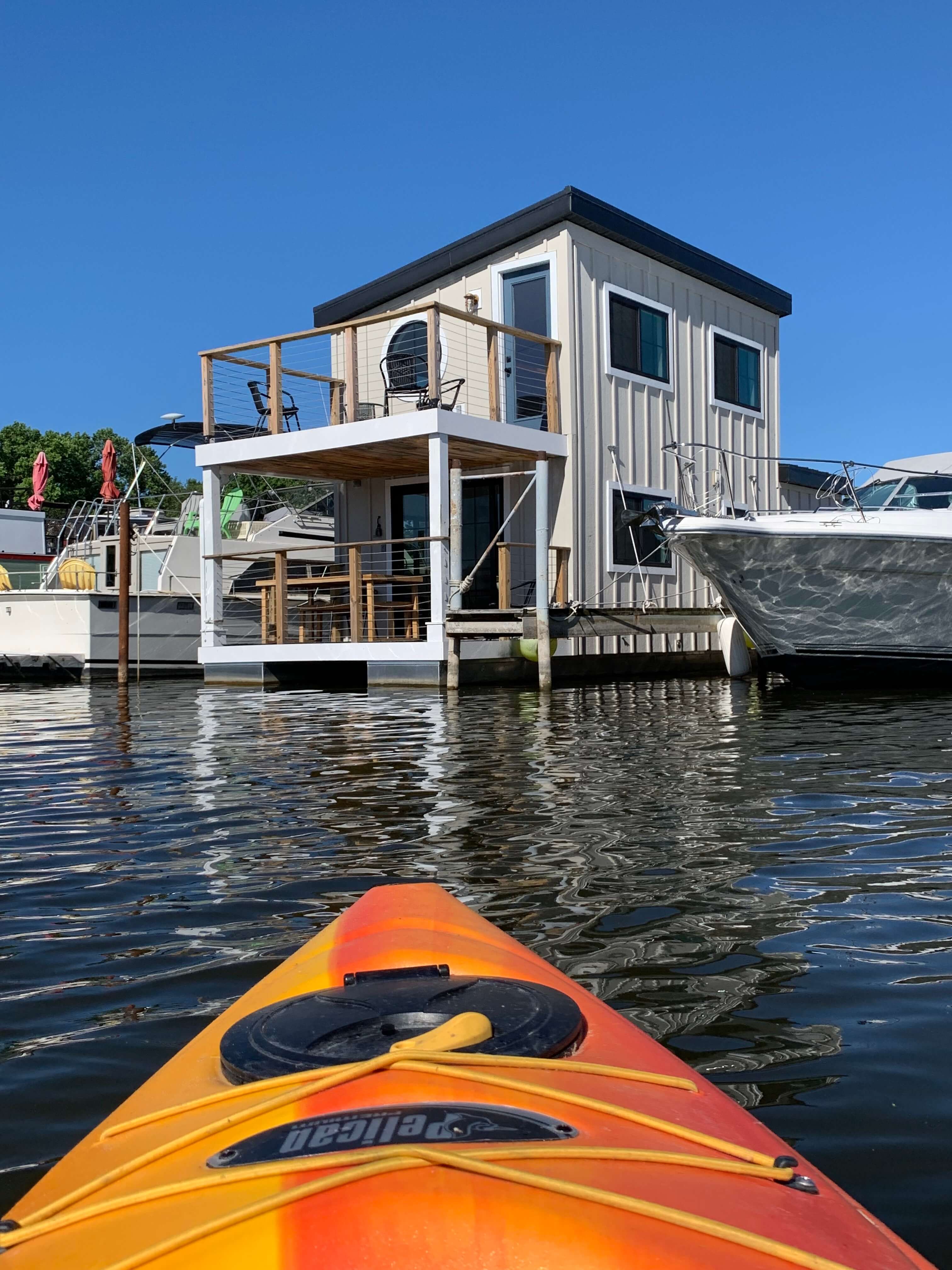 Floathaus of Saugatuck as seen from a kayak on the water