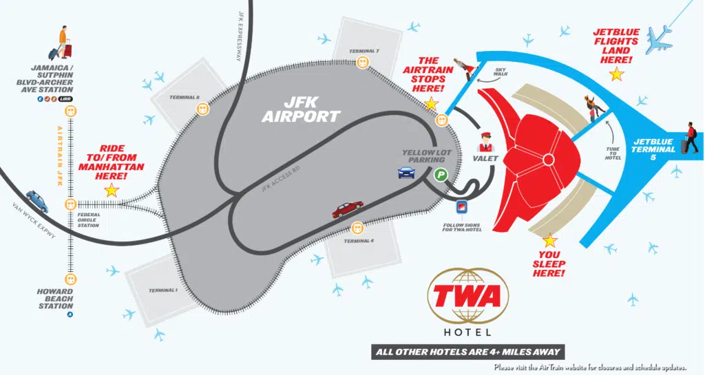 Map of JFK airport showing how to get to the TWA Hotel, taken from the TWA Hotel website