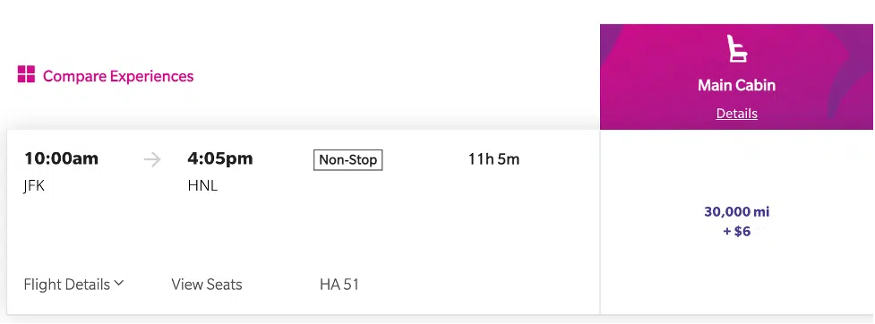 Example flight from JFK to Honolulu listed for 30,000 miles + $6 in taxes and fees