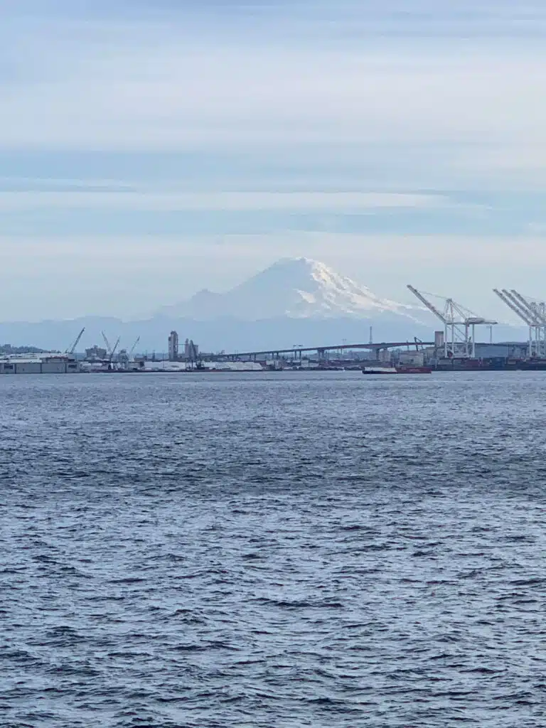 Mt Rainier as seen from the harbor in Seattle