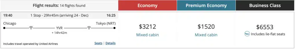 Mistake fare example where premium economy was cheaper than regular economy from Chicago to Tokyo