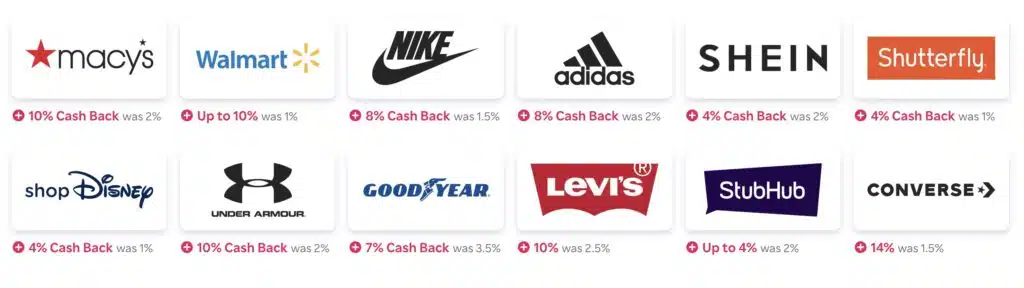 Example of some stores with cash back via Rakuten