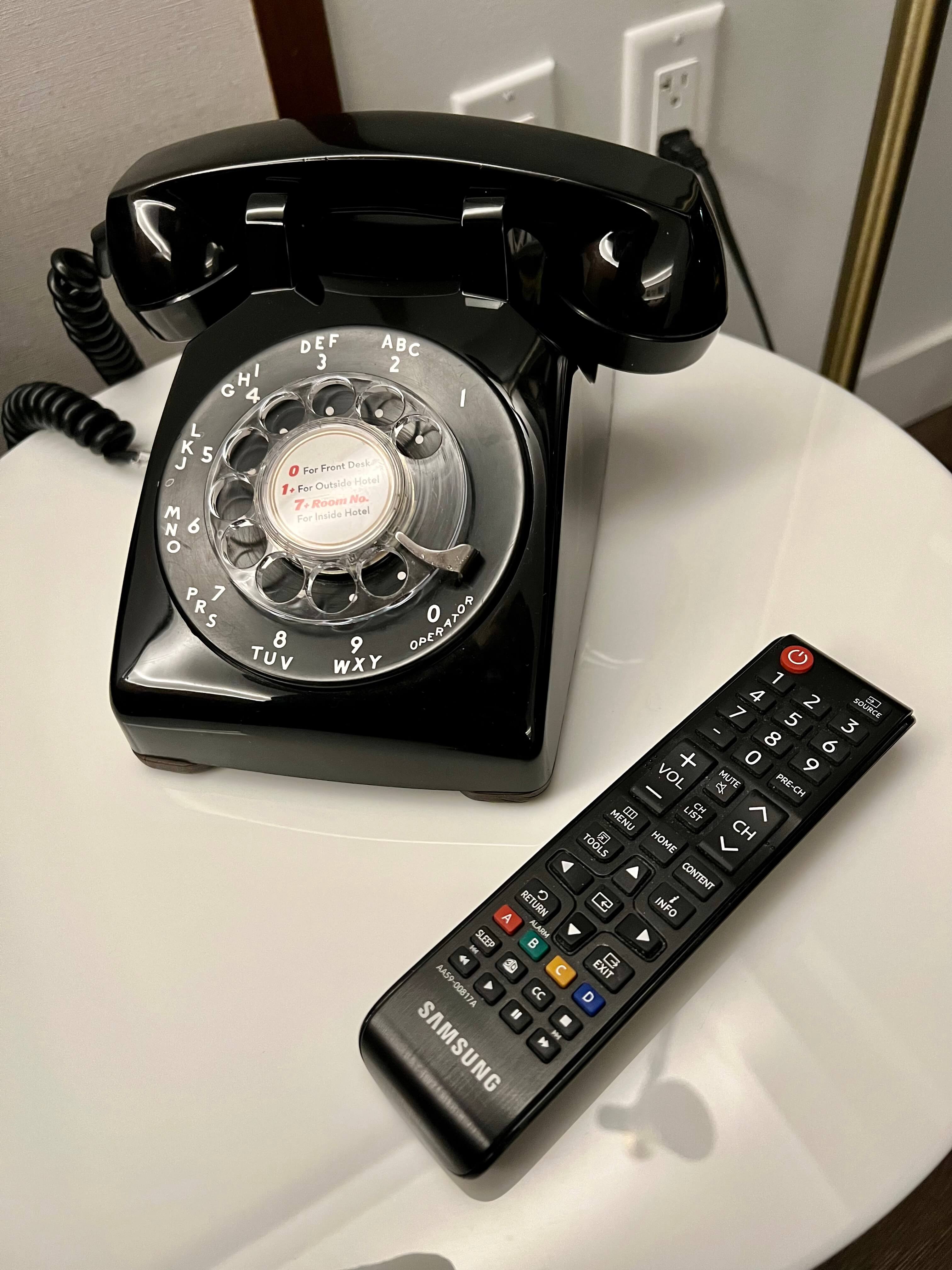 TWA Hotel Room rotary phone and TV remote