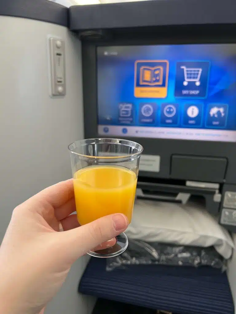 ANA business class welcome drink of orange juice