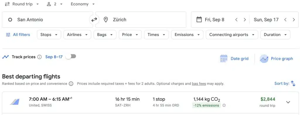 Example search of a flight from San Antonio to Zurich, Switzerland
