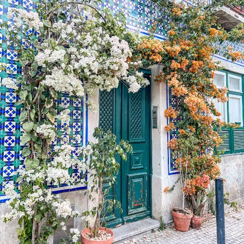 Beautiful exterior wall of azulejo tiles covered in flowers in Lisbon, Portugal