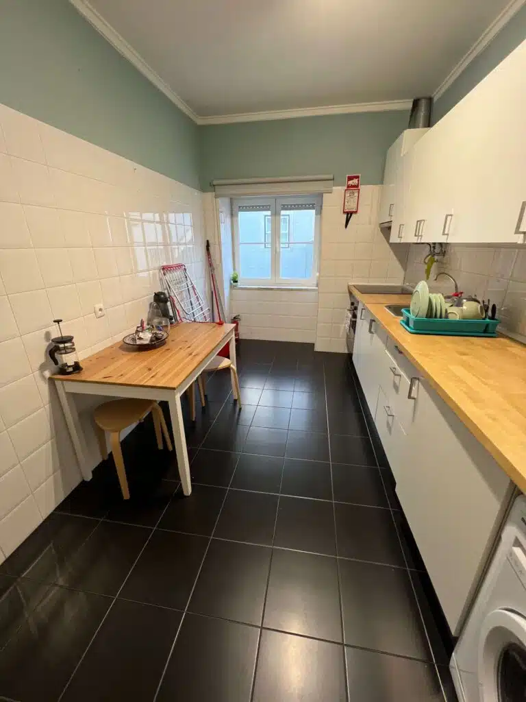 Kitchen and workspace in our Airbnb in Lisbon, Portugal where we worked remotely from 2-10PM