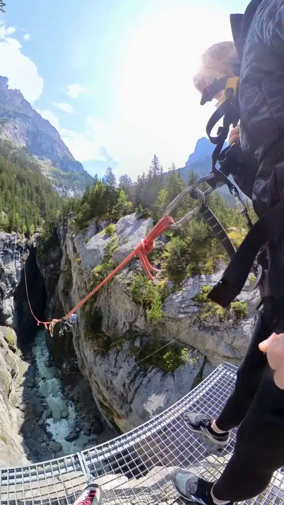 Preparing to jump off the platform at the Grindelwald Canyon Swing. 