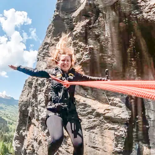 Jackie jumping off the Grindelwald Canyon Swing near Interlaken in Spring 2023