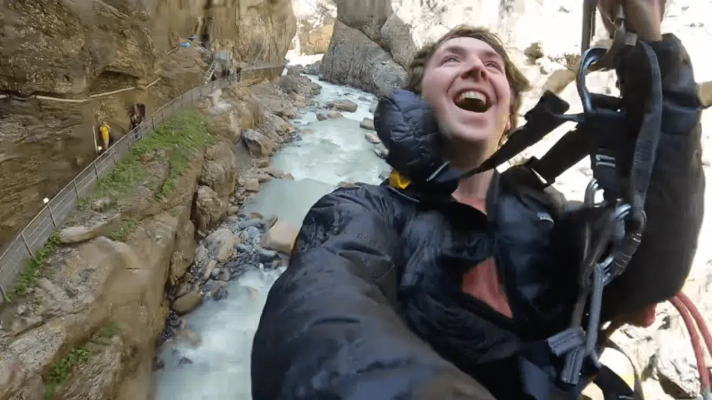 Thomas screaming with excitement after jumping off the Grindelwald Canyon Swing