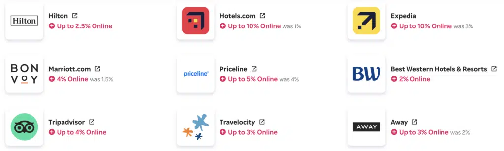 Examples Rakuten offers on 7.17.2023 for travel. You can use these to travel hack your honeymoon. 