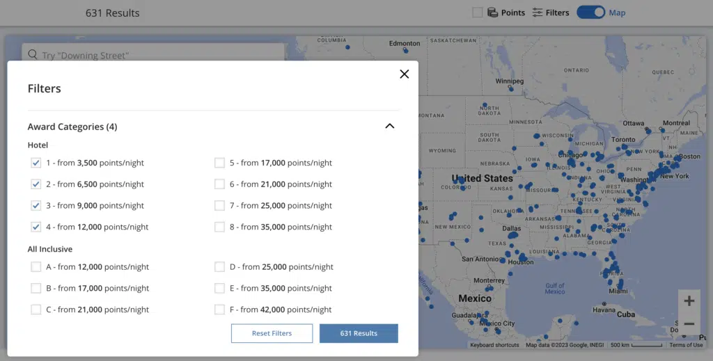 Hyatt hotel map search tool where you can filter by hotel category in order to use a free night certificate earned via Hyatt Brand Explorer