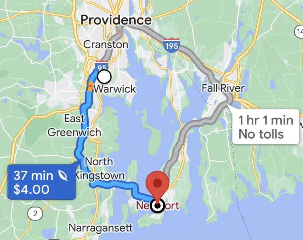 The two ways to drive from PVD to Newport, RI for a weekend trip. One option has tolls.