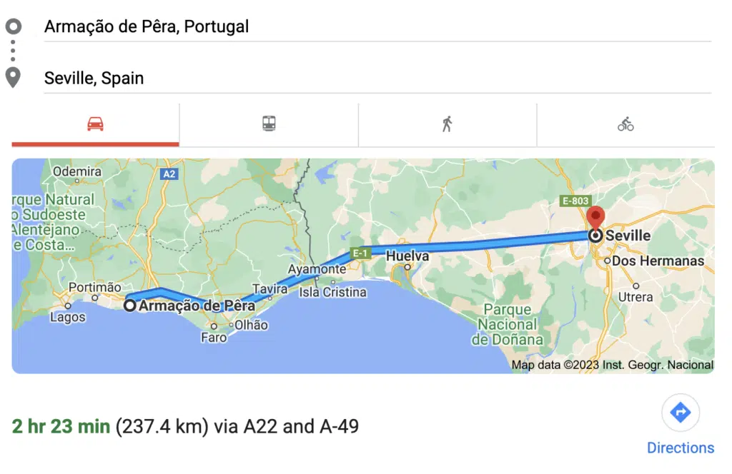 Google Maps directions from Armação de Pêra to Seville