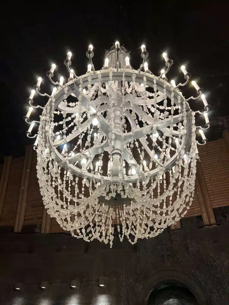 A chandelier made of salt crystals at the Wieliczka Salt Mine outside of Krakow, Poland