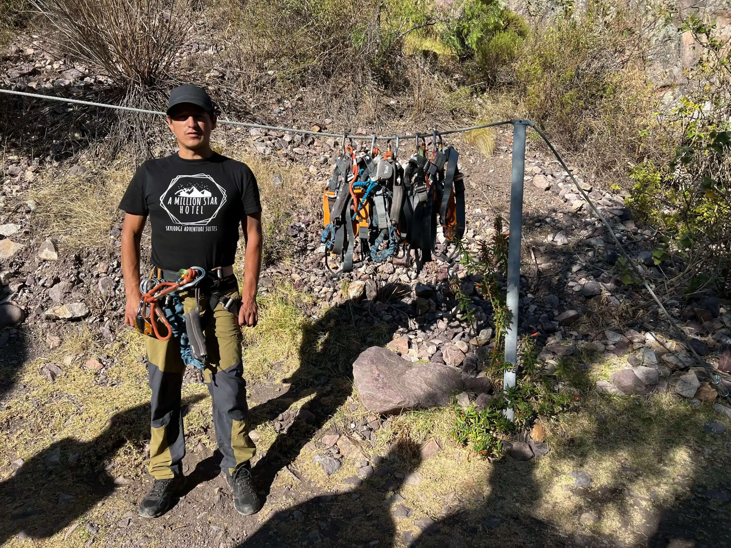 One of the Skylodge Adventure Suites guides and all the climbing gear