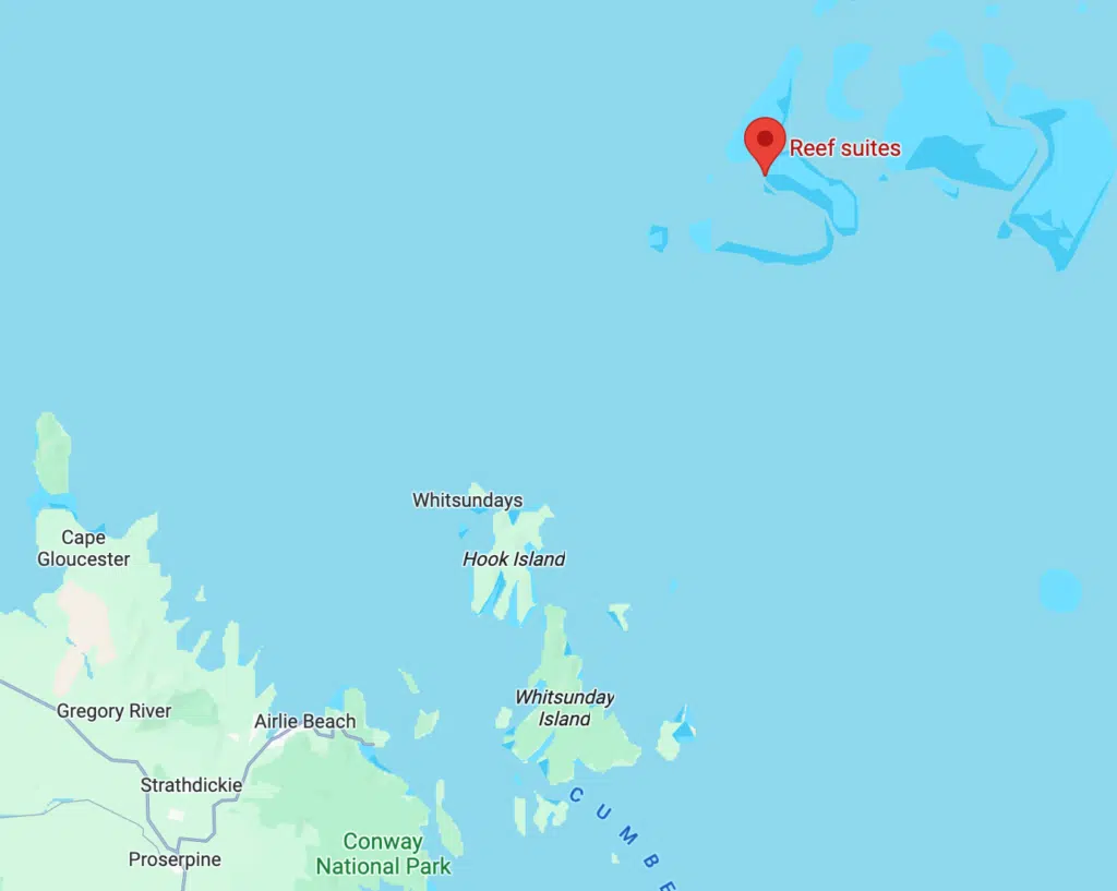 Google Maps view of where Reefworld is in comparison to the coast of Queensland, Australia