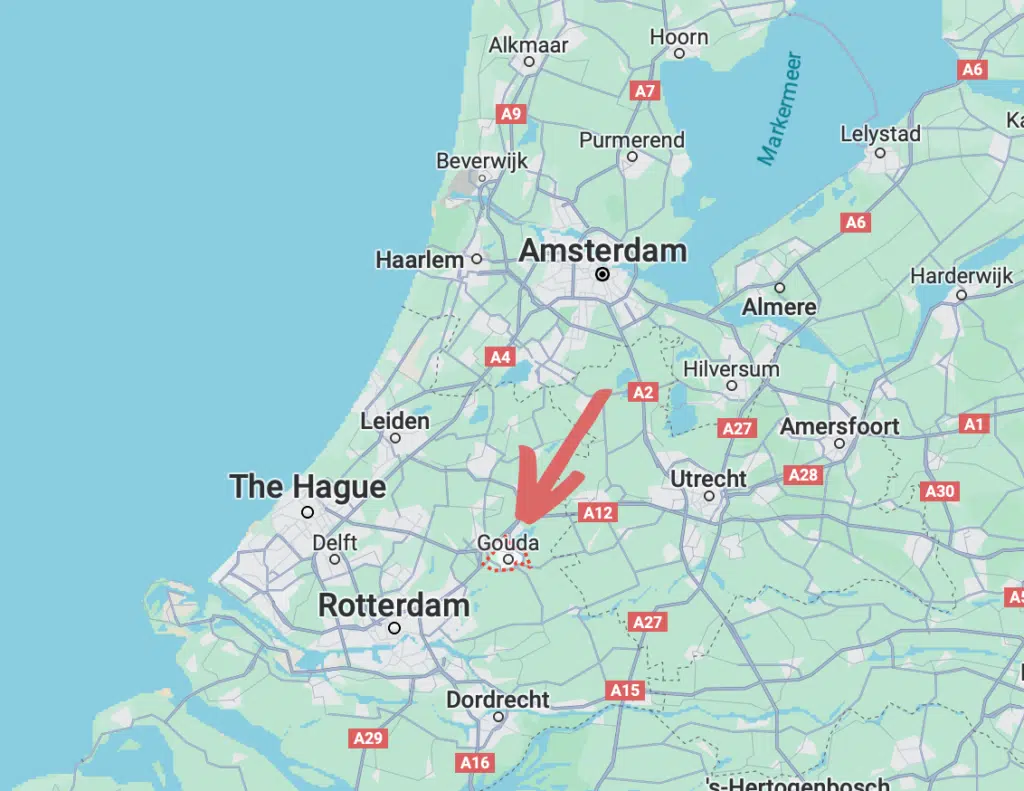 Google maps showing location of Gouda in the Netherlands