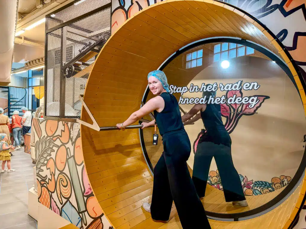 Walking on the hamster wheel at the Gouda Syrup Waffle Museum