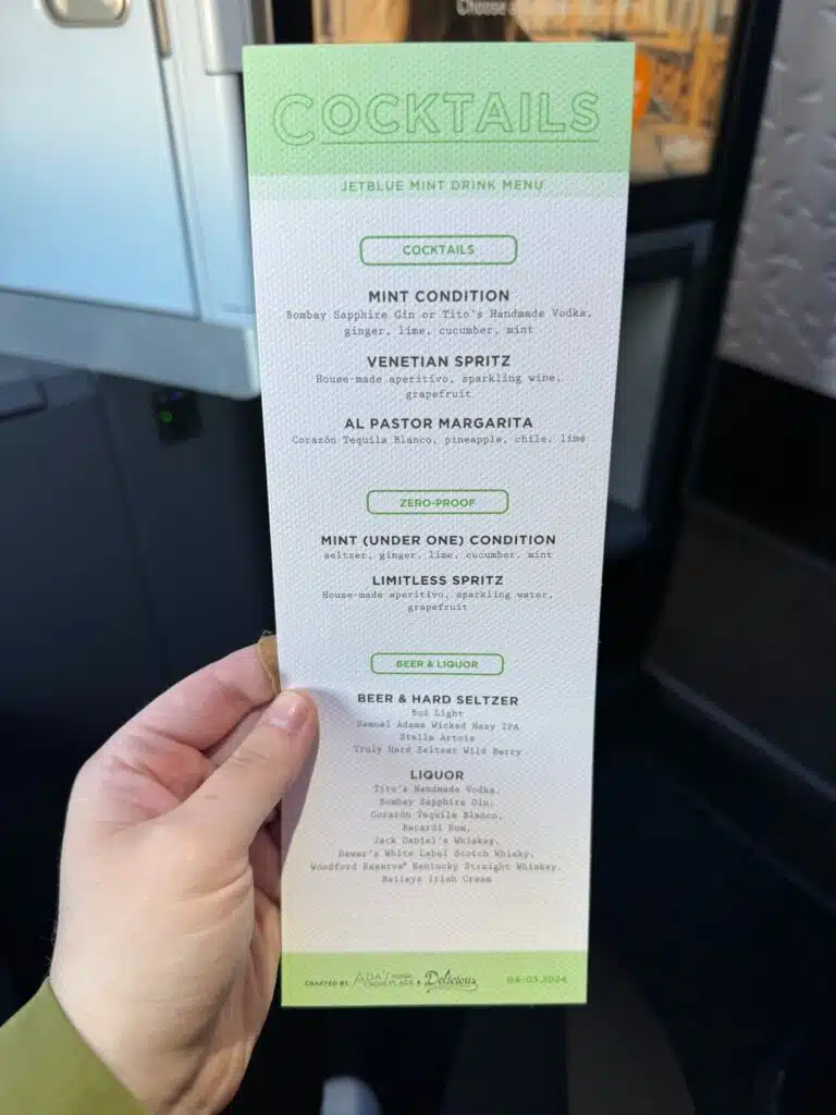 JetBlue Mint Studio and Suites Cocktails and Wine Menu