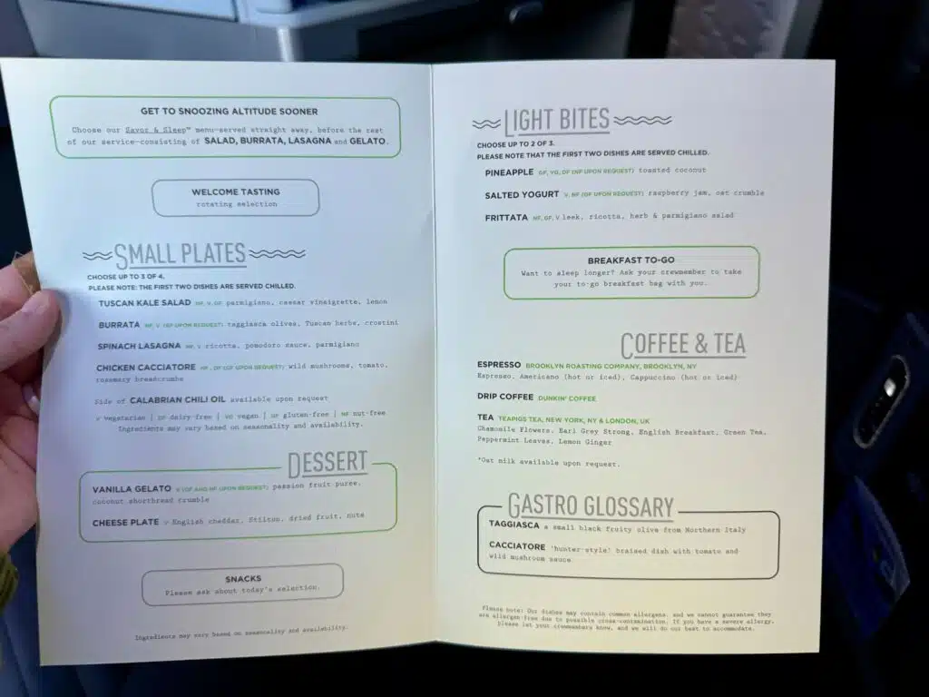 JetBlue Mint Suites and Studio menu JFK to AMS