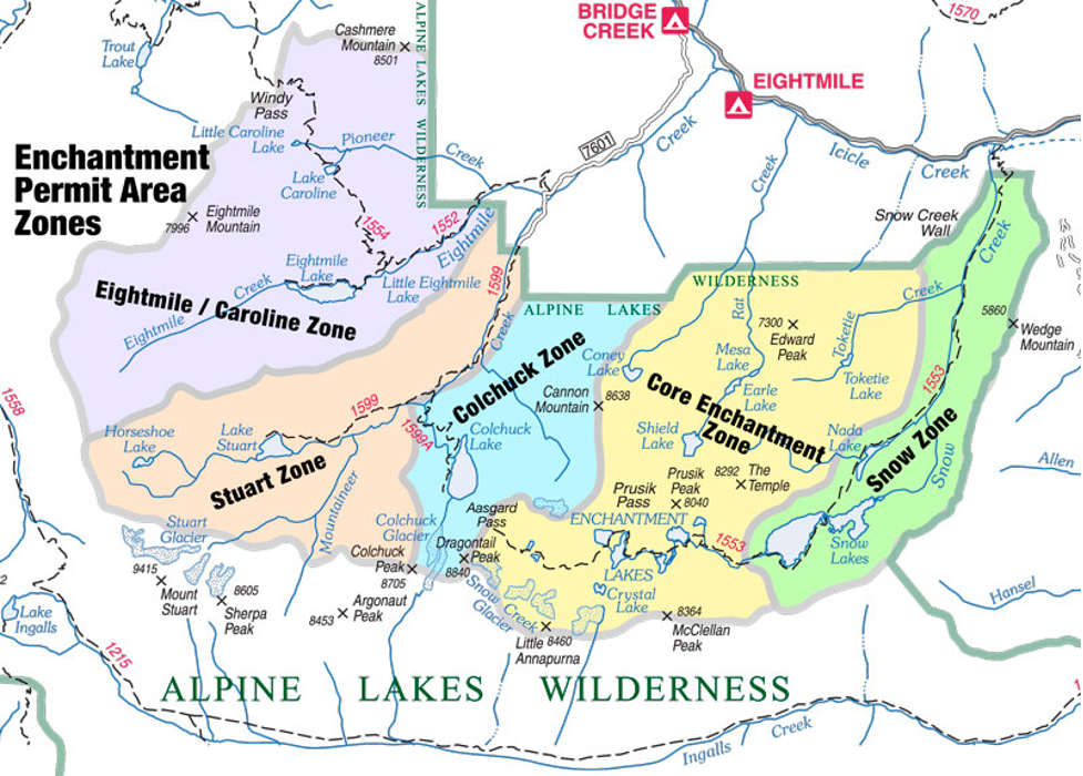 Map of the 5 zones of the Enchantments Permit Area in the Alpine Lakes Wilderness