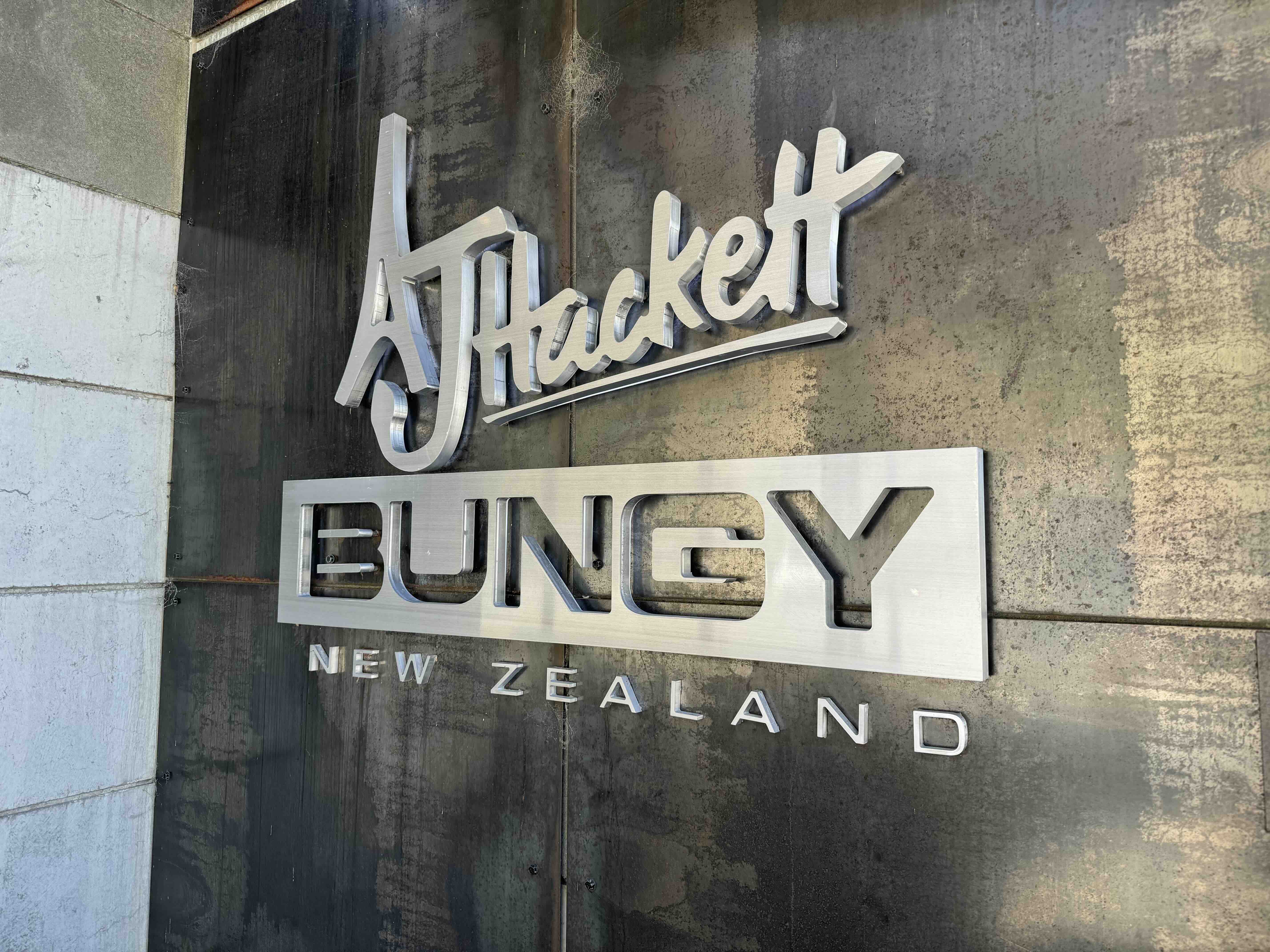 AJ Hackett Bungy logo at the entrance to the Kawarau Bridge Bungy center