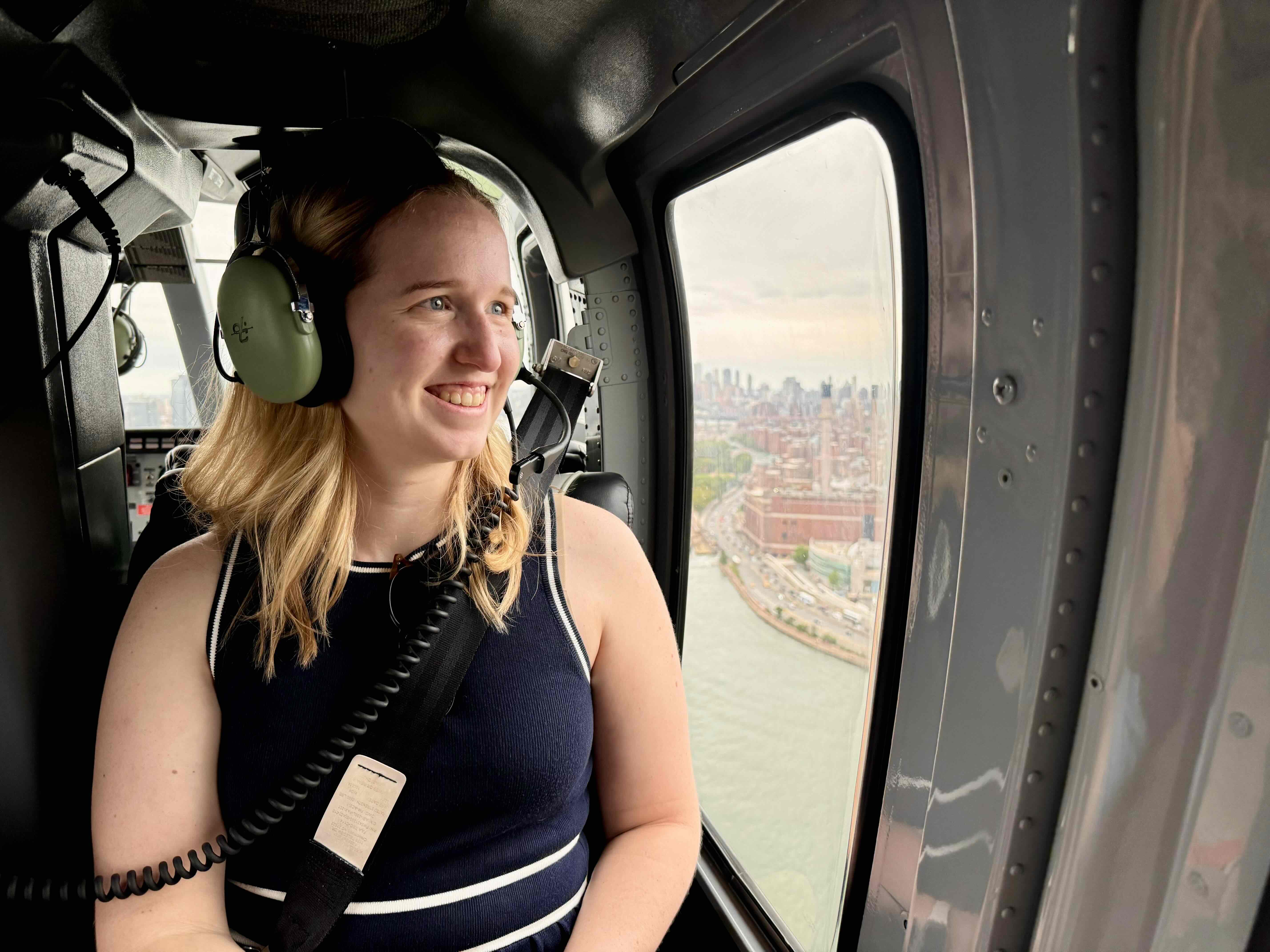 The author in a BLADE helicopter overlooking Manhattan mid-flight