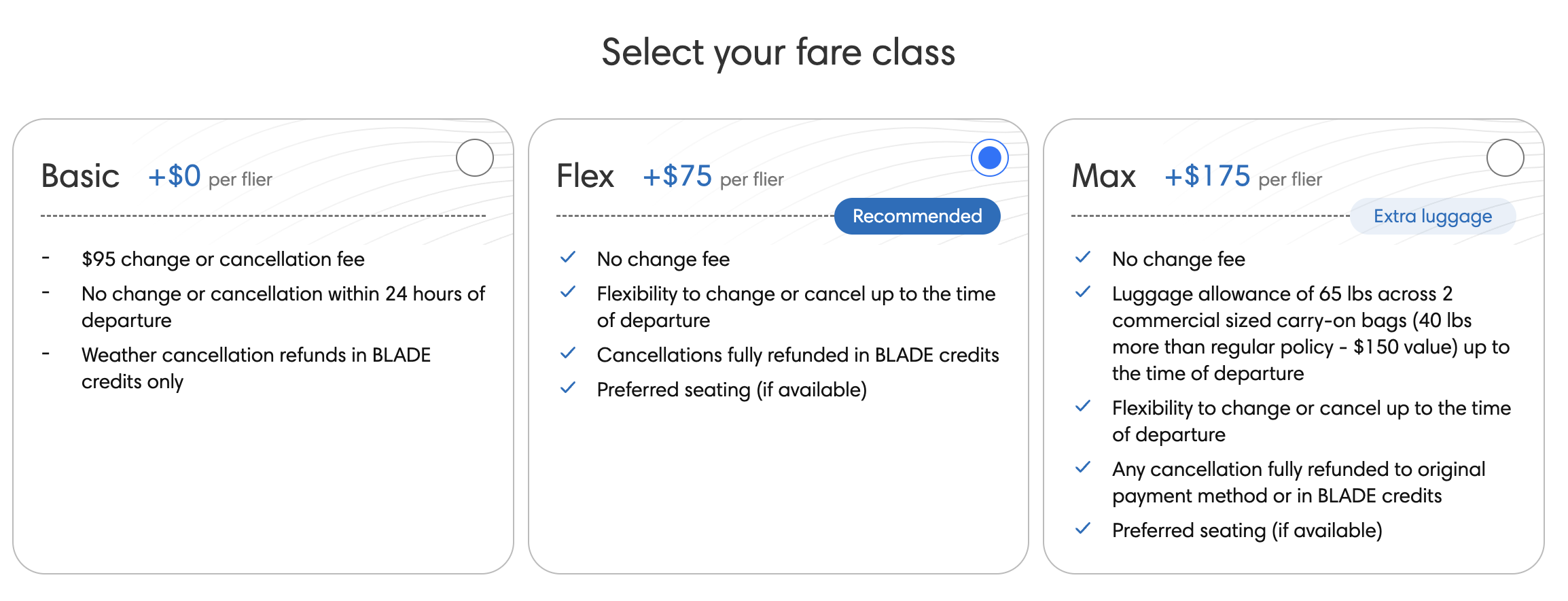 Screenshot of BLADE fare classes for flight from Manhattan to JFK