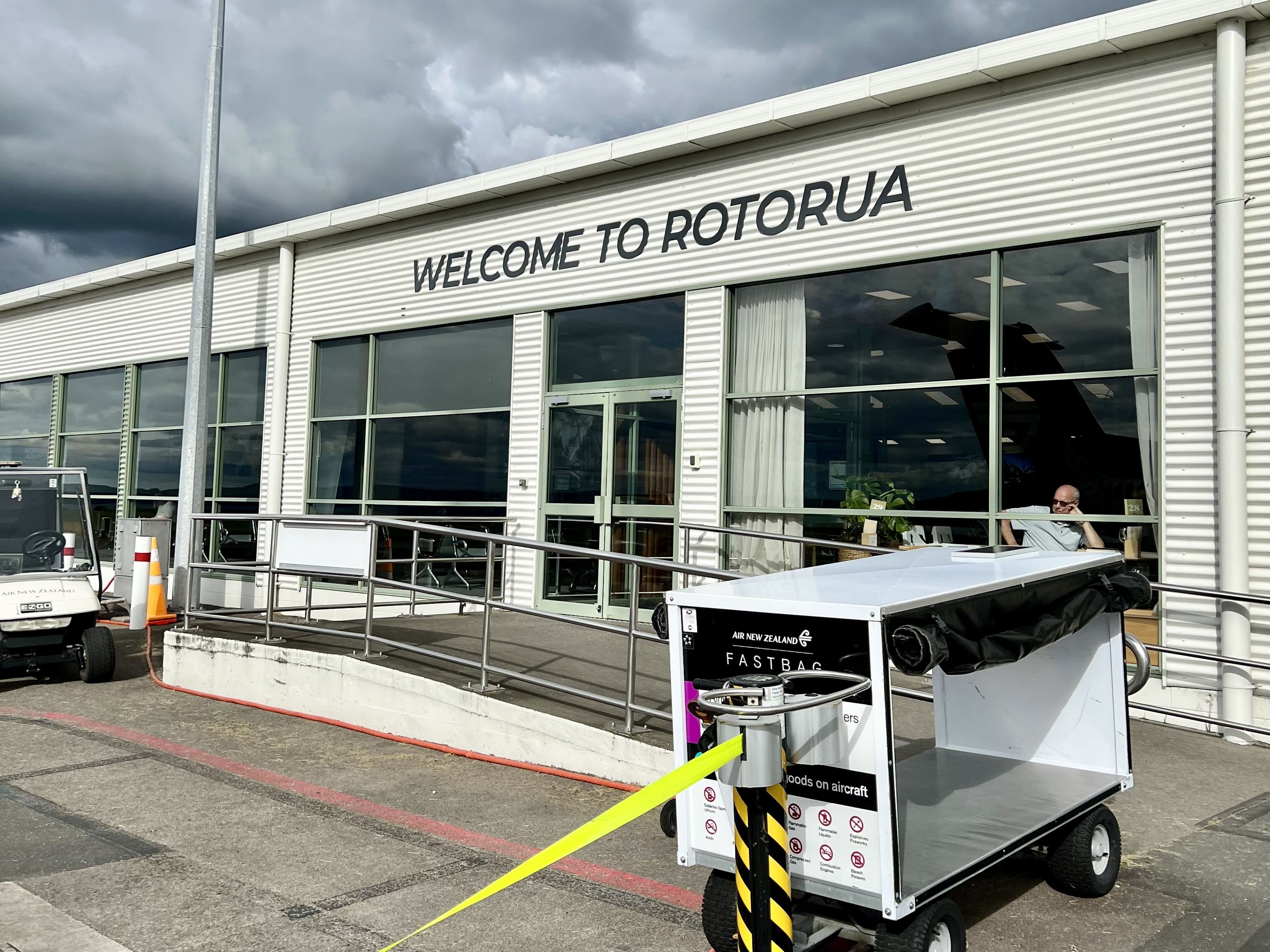 "Welcome to Rotorua" sign at the Rotorua airport in New Zealand