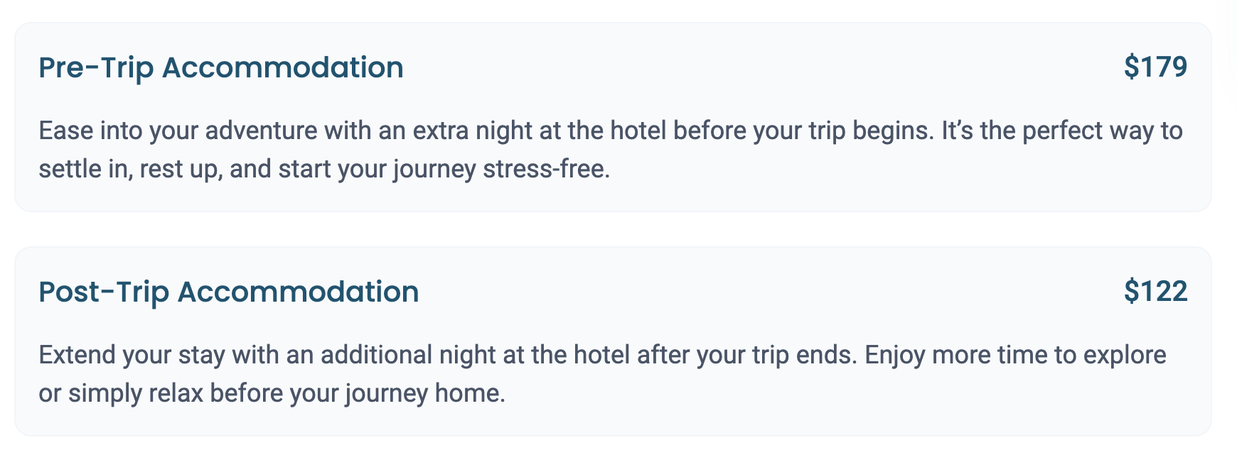 TrovaTrip prices for additional hotel nights