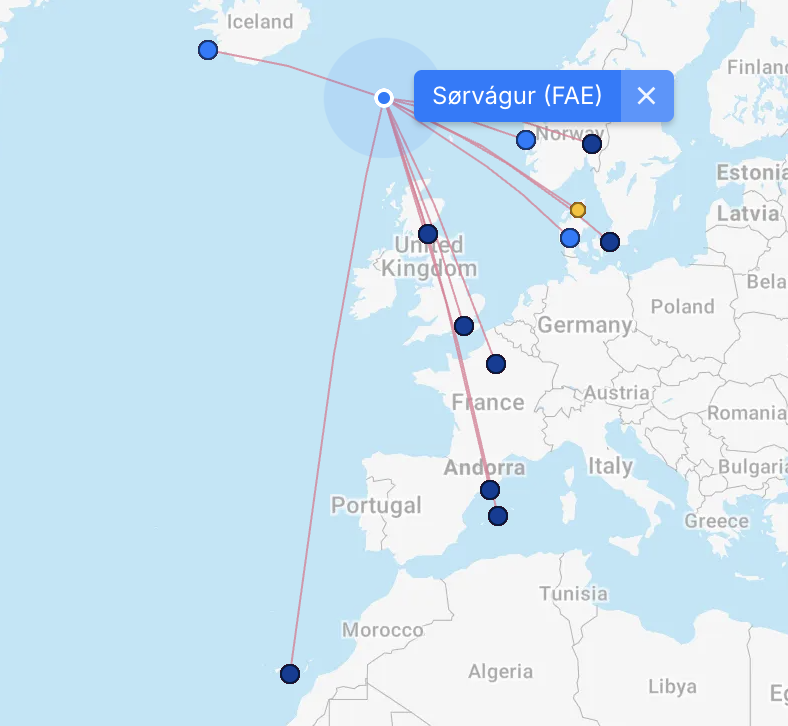 Direct flight options to/from the Faroe Islands according to flightconnections.com