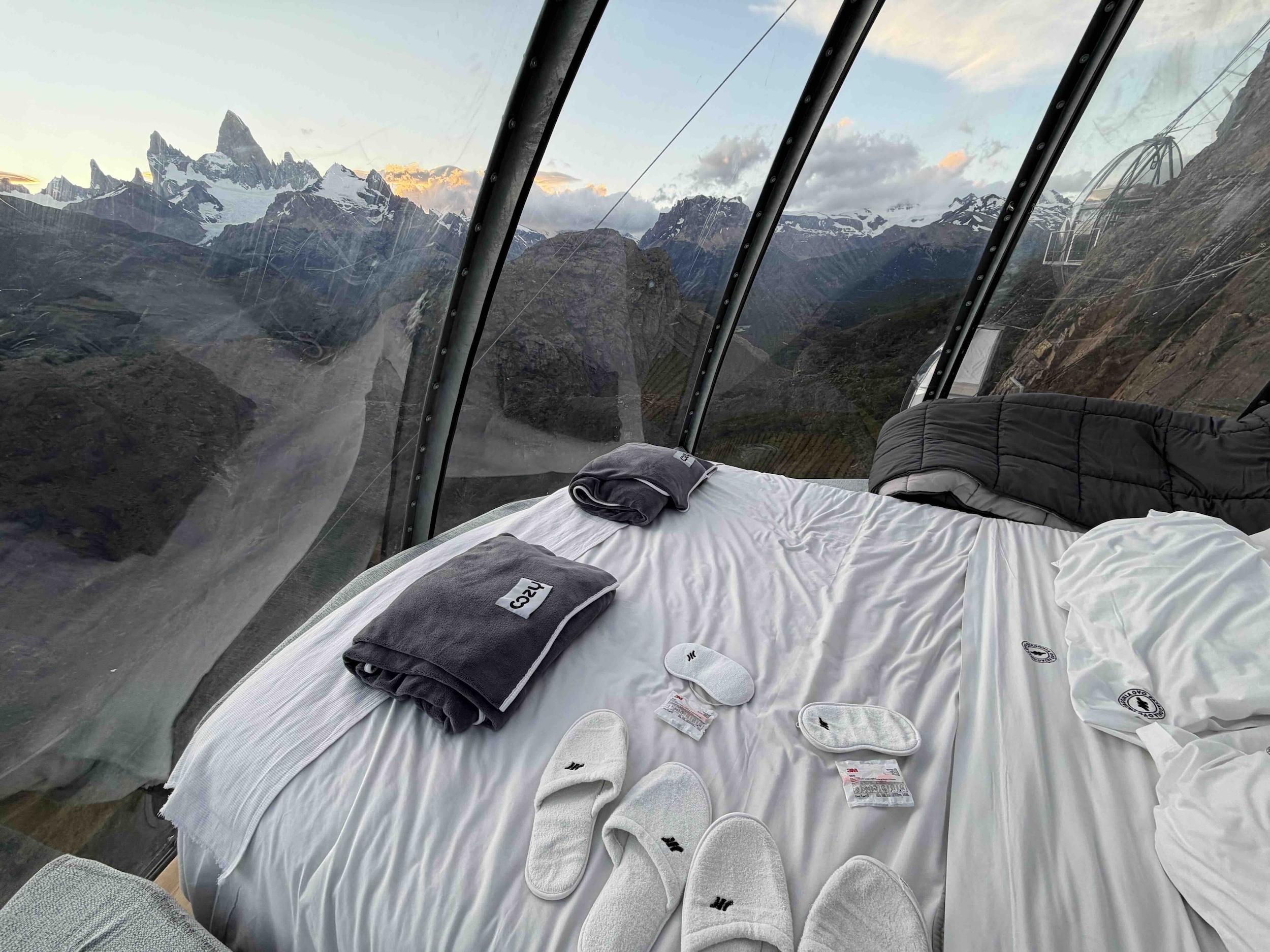 View from the bed at OVO Patagonia overlooking Mt Fitz Roy